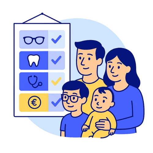 Famille avec enfants devant un tableau comparatif santé — pourquoi choisir une mutuelle famille ADS Assurance
