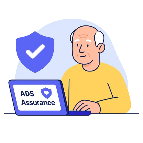 Homme senior consultant ADS Assurance sur ordinateur — introduction mutuelle santé senior