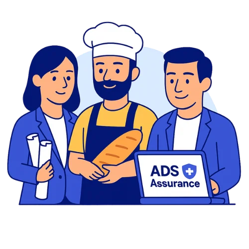 Illustration d’une avocate, d’un boulanger et d’un consultant utilisant ADS Assurance — introduction mutuelle santé TNS