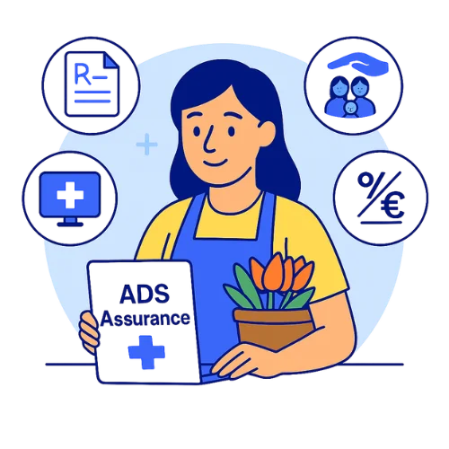 Commerçante fleuriste utilisant ADS Assurance, entourée de pictogrammes santé, famille, fiscalité et téléconsultation — pourquoi choisir une mutuelle TNS
