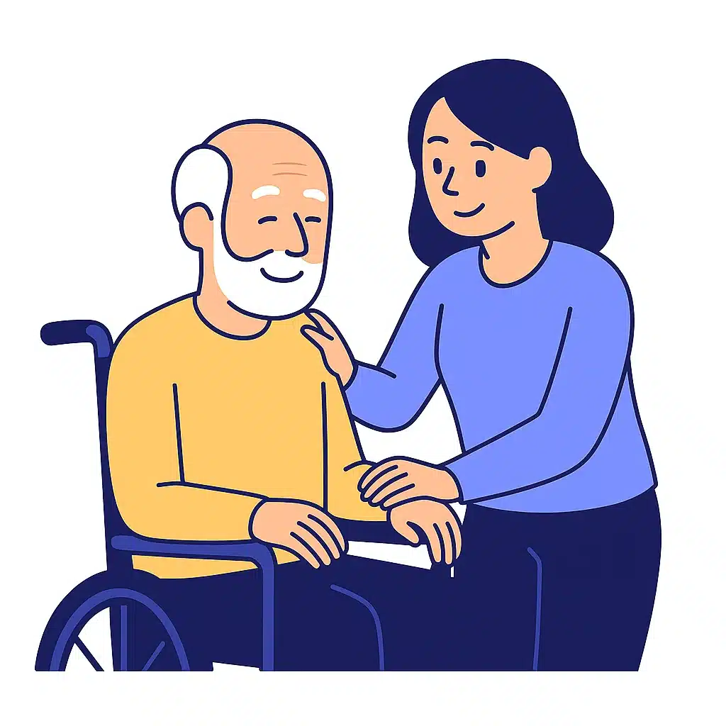 Personne âgée en fauteuil accompagnée d’une proche — solution de prévoyance dépendance ADS Assurance