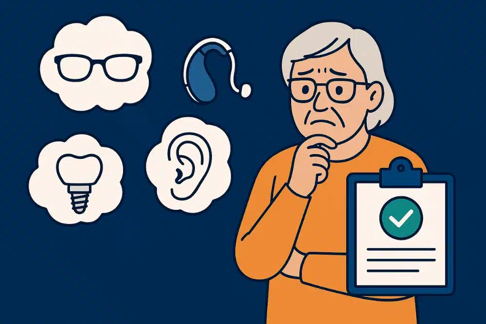 Illustration d’une femme senior réfléchissant au dispositif 100 % santé avec des icônes de lunettes, dent et appareil auditif sur fond bleu, pour l’article 100 % santé senior : que couvre vraiment votre contrat ?