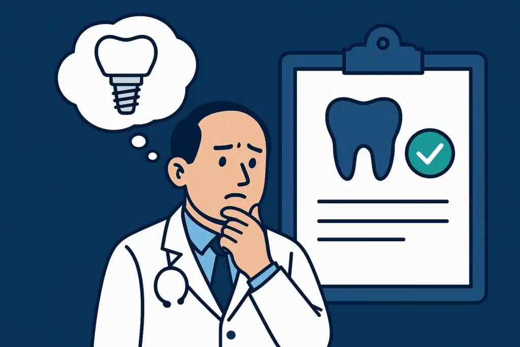 Illustration dentaire moderne montrant un dentiste et un dossier de soins, représentant la mutuelle dentaire senior et les remboursements possibles.
