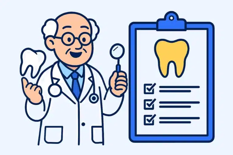 Illustration vectorielle d’un dentiste senior souriant tenant une dent et une fiche de soins, représentant la mutuelle dentaire pour seniors.