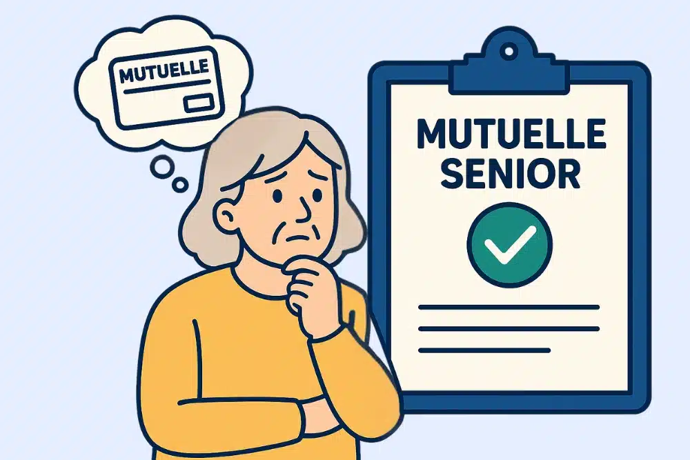 Illustration d’une femme senior réfléchissant à sa mutuelle, devant un dossier intitulé « Mutuelle Senior » – article ADS Assurance sur le moment idéal pour changer de mutuelle senior.