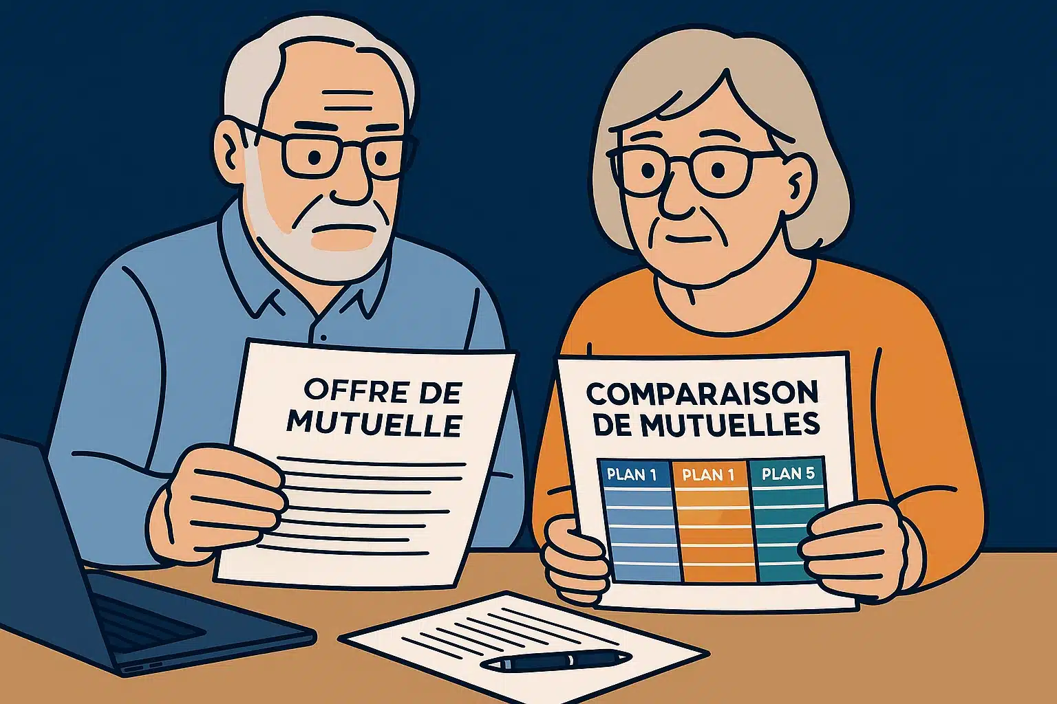 Couple de seniors comparant des offres de mutuelle santé sur une table, illustration vectorielle professionnelle dans le style ADS Assurance