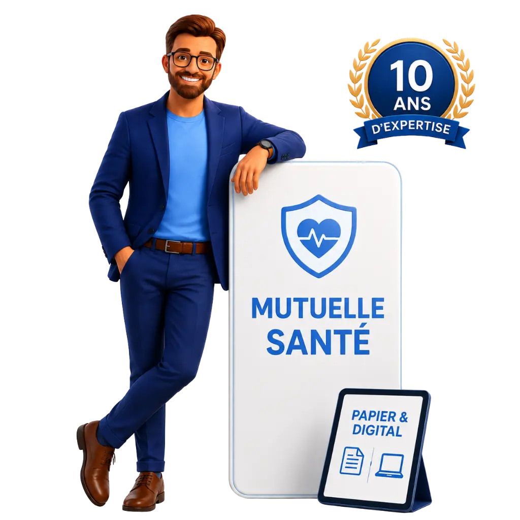 Illustration 3D du courtier ADS Assurance présentant ses 10 ans d'expertise en mutuelle santé et son approche humaine combinant papier et digital.
