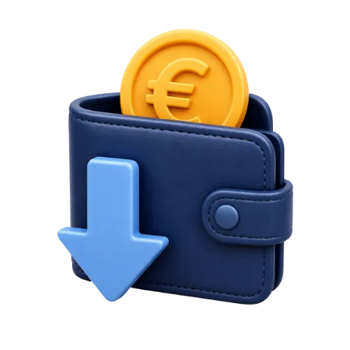 Icône 3D d'un portefeuille bleu marine contenant une pièce d'euro jaune avec une flèche pointant vers le bas, symbolisant la réduction des tarifs chez ADS Assurance.