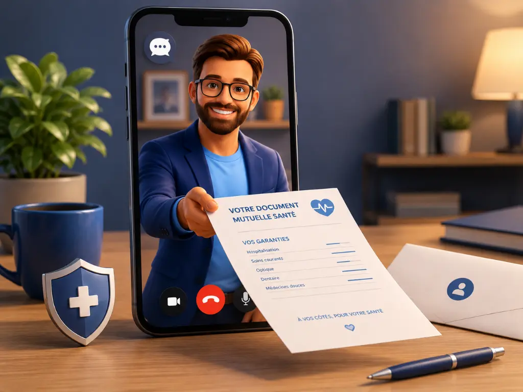 Illustration d'un conseiller ADS Assurance tendant un document de garanties de mutuelle santé depuis l'écran d'un smartphone, symbolisant l'alliance du papier et du digital.