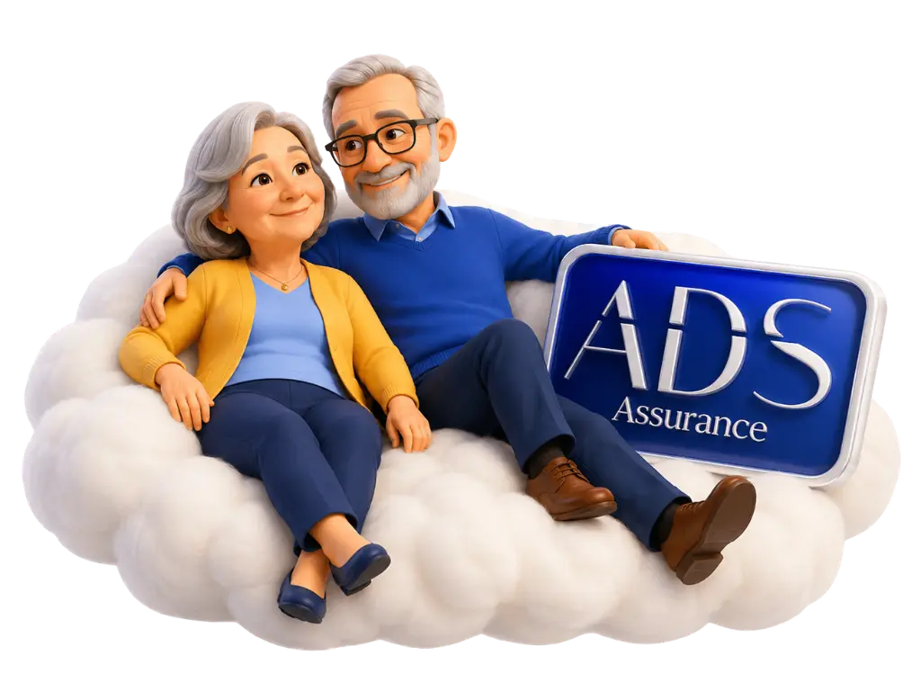 Illustration 3D d'un couple de seniors sereins et souriants assis sur un nuage blanc à côté d'une enseigne premium bleue ADS Assurance, symbolisant le soulagement d'une mutuelle santé sur-mesure.