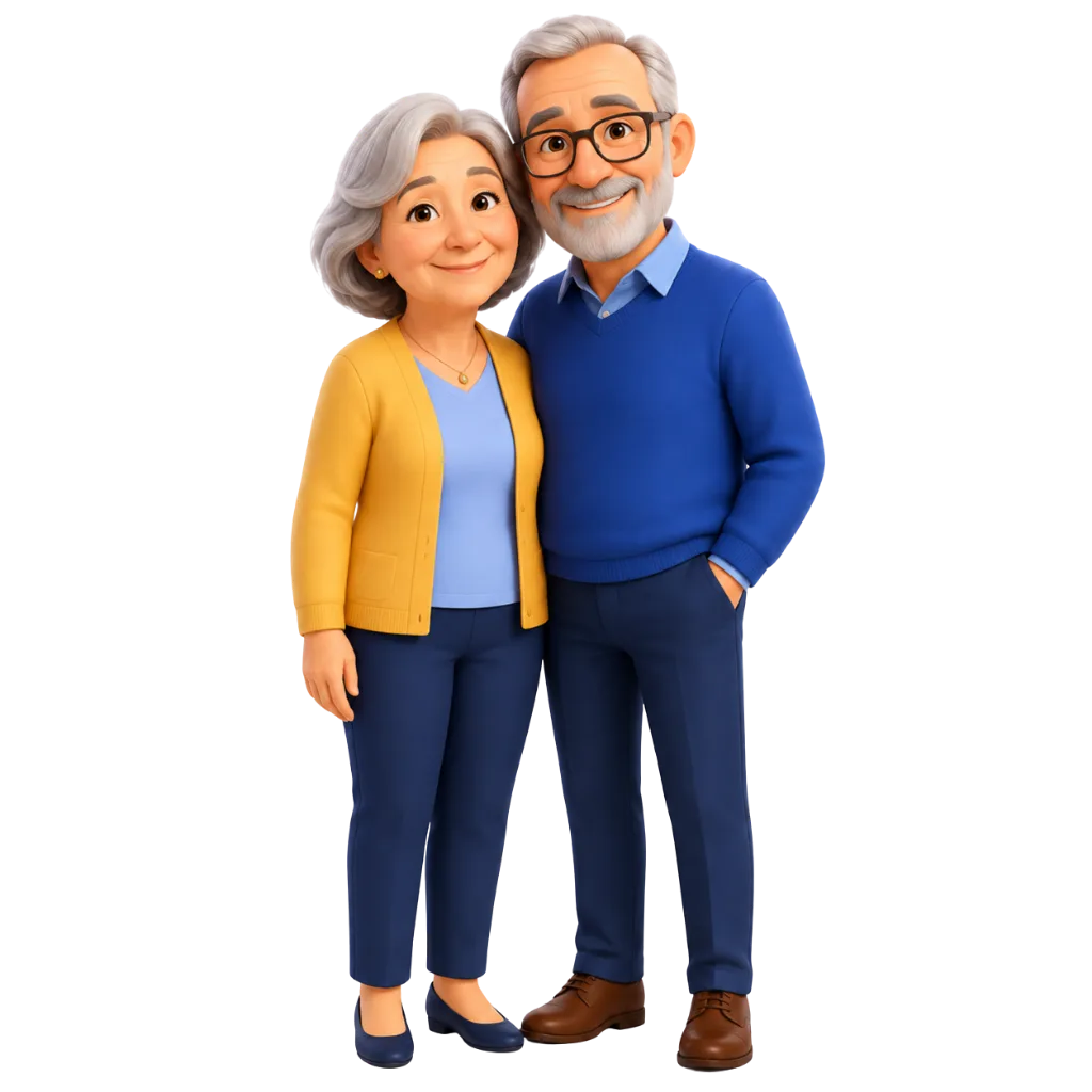 Couple de seniors souriants en 3D, représentant les bénéficiaires de la mutuelle santé senior chez ADS Assurance.