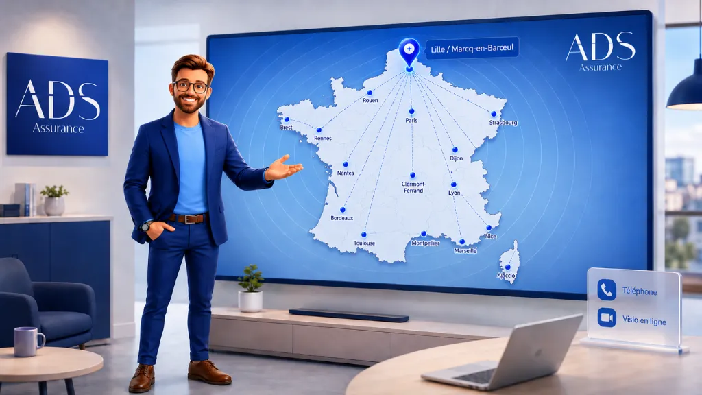 Illustration 3D premium (style Clay) d'un conseiller ADS Assurance souriant devant une grande carte de France interactive. Des lignes lumineuses rayonnent depuis Lille/Marcq-en-Barœul vers des villes clés comme Paris, Marseille, Lyon, Bordeaux, validant la couverture nationale. Au premier plan, un ordinateur et une enseigne de service 'Téléphone/Visio' illustrent l'accompagnement de proximité.