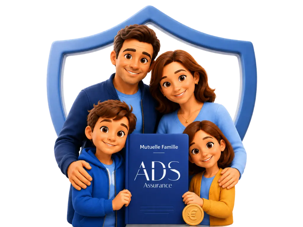 Illustration 3D d'une famille souriante devant un cadre de bouclier bleu. Le fils tient un livre de contrat bleu où sont clairement inscrits en blanc les textes 'Mutuelle Famille' et 'ADS Assurance'. Une pièce d'or Euro est visible près de la main de la fille.