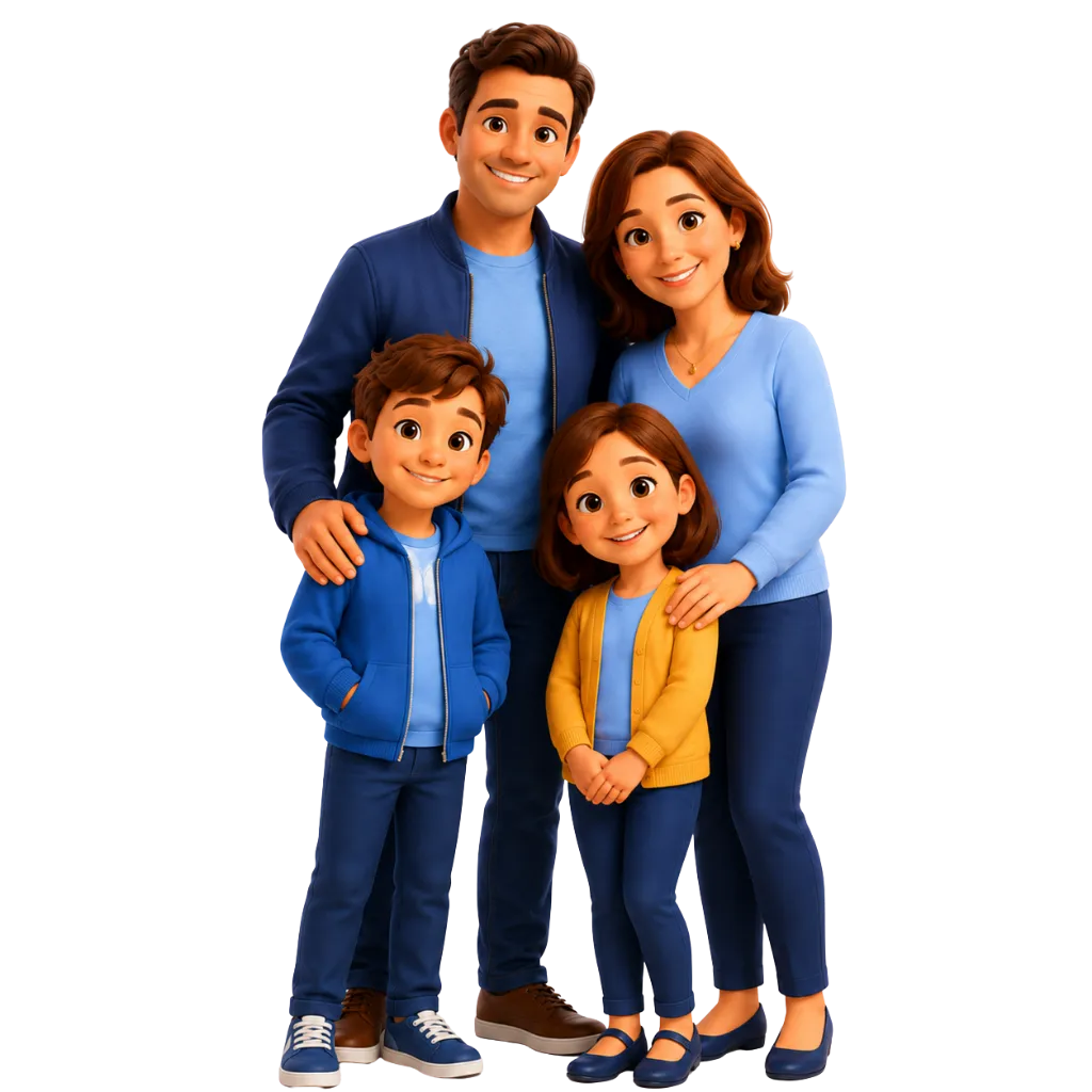 Illustration 3D d'une famille heureuse et souriante portant des vêtements bleus et jaunes, représentant la mutuelle santé famille d'ADS Assurance.