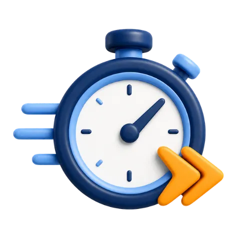 Icône 3D d'un chronomètre bleu marine en mouvement avec des flèches rapides jaune orangé, symbolisant la vitesse d'obtention d'un devis sous 24h chez ADS Assurance.
