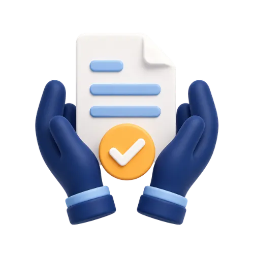 Icône 3D de mains bleues prenant soin d'un document avec un badge jaune de validation, symbolisant la prise en charge des démarches par ADS Assurance.