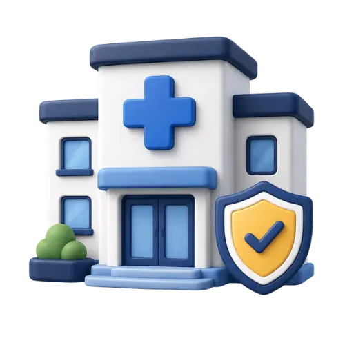 Icône 3D montrant un bâtiment d'hôpital bleu et blanc avec un grand bouclier de protection jaune coché à l'avant, symbolisant la couverture hospitalière et la protection des revenus pour les TNS chez ADS Assurance.