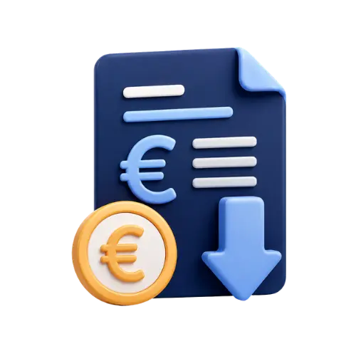 Icône 3D montrant un document fiscal bleu marine avec un symbole Euro €, une pièce d'or jaune et une flèche bleue vers le bas, illustrant la déduction fiscale de la Loi Madelin pour les indépendants.