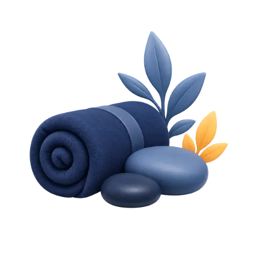 Illustration 3D montrant une serviette de spa bleu marine roulée, des pierres de massage lisses grises et bleu-gris, et des feuilles stylisées (gris-bleu et jaune-or), illustrant le forfait médecines douces et bien-être pour les TNS chez ADS Assurance.
