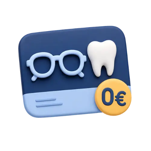 Icône 3D montrant une dent premium, des lunettes de vue professionnelles et un grand macaron jaune portant l'inscription '0€', symbolisant le panier 100% Santé et le reste à charge zéro pour les TNS chez ADS Assurance.