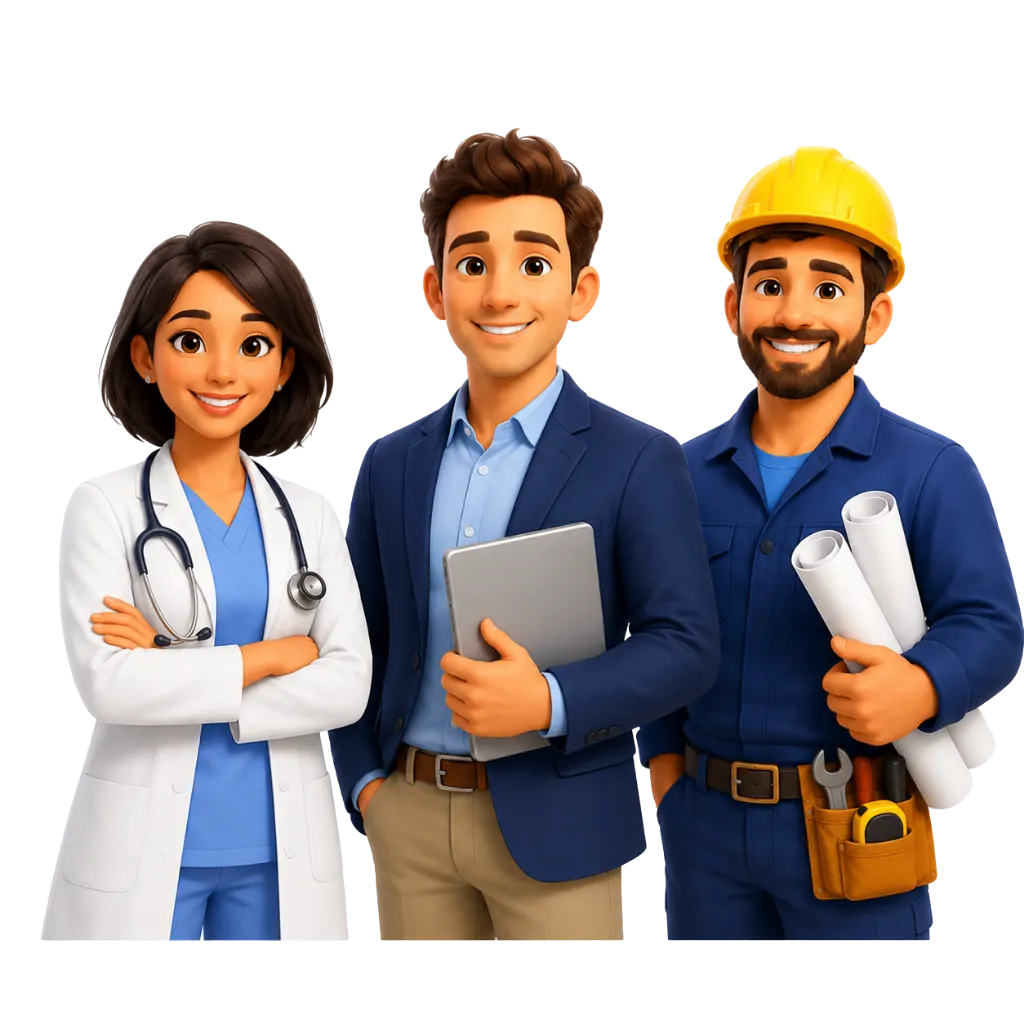 Illustration 3D de trois professionnels indépendants (médecin, consultant et artisan) aux couleurs d'ADS Assurance, représentant la mutuelle santé pour les travailleurs non-salariés (TNS).