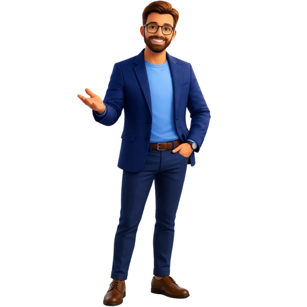 Mascotte en 3D d'ADS Assurance représentant un conseiller courtier en mutuelle santé souriant et accueillant.