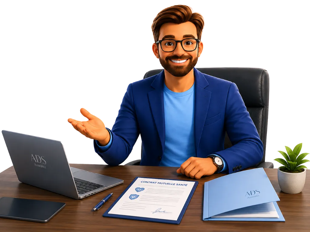 Illustration 3D du conseiller ADS Assurance à son bureau avec un contrat de mutuelle santé, symbolisant l'expertise et la transparence.