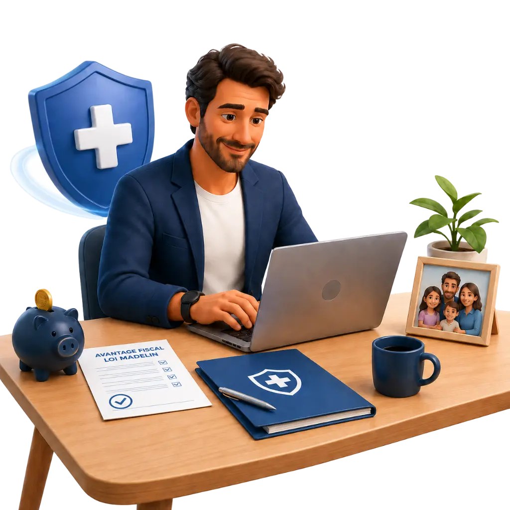 Illustration 3D premium (style Clay) d'un professionnel indépendant concentré à son bureau. Sur la table, un document fiscal avec le texte parfaitement lisible 'AVANTAGE FISCAL LOI MADELIN' et 'ADS Assurance' est coché. À côté, un cadre photo de sa famille heureuse, une tirelire bleue (épargne), et un grand bouclier de protection médicale ADS en arrière-plan. La scène symbolise la sérénité et les économies garanties par la mutuelle TNS ADS Assurance.
