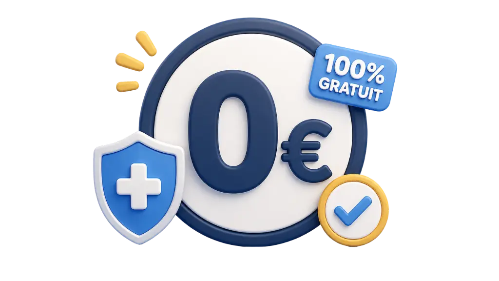 Icône 3D affichant 0€ et 100% gratuit, illustrant l'absence de frais de dossier chez le courtier ADS Assurance.