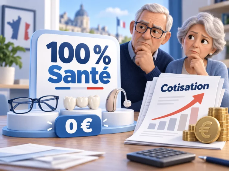 Couple de seniors face au 100 % Santé, avec lunettes, soins dentaires, appareil auditif et hausse des cotisations.