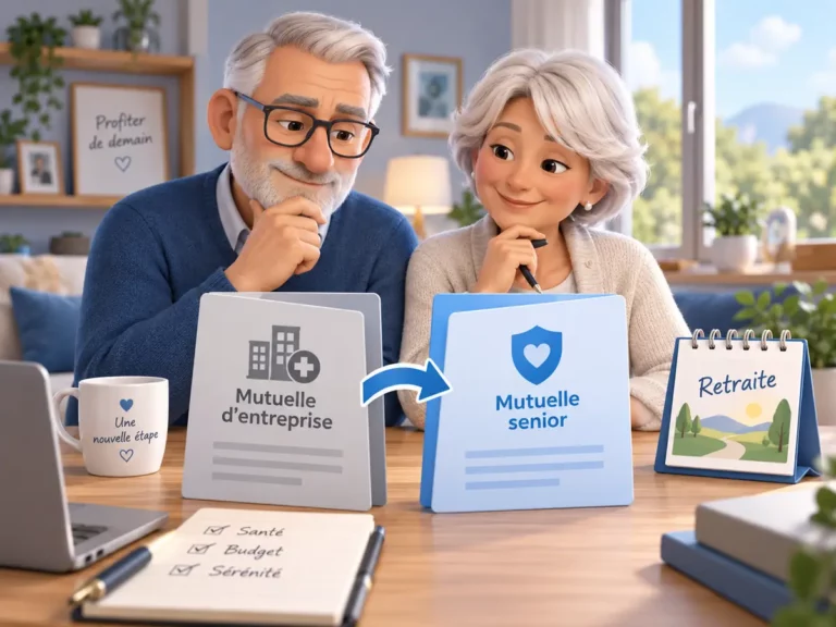 Couple de retraités comparant une mutuelle d’entreprise et une mutuelle senior au moment de la retraite
