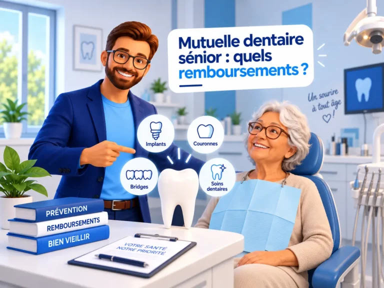 Illustration d’une mutuelle dentaire senior avec implants, couronnes, bridges et soins dentaires